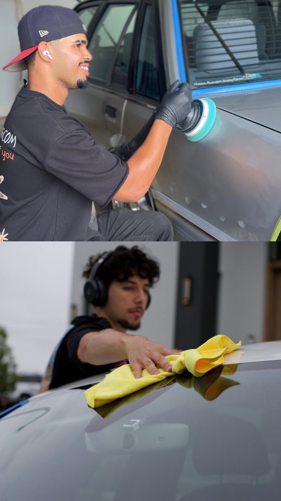Heet machine polishing a car and Terry drying another by hand
